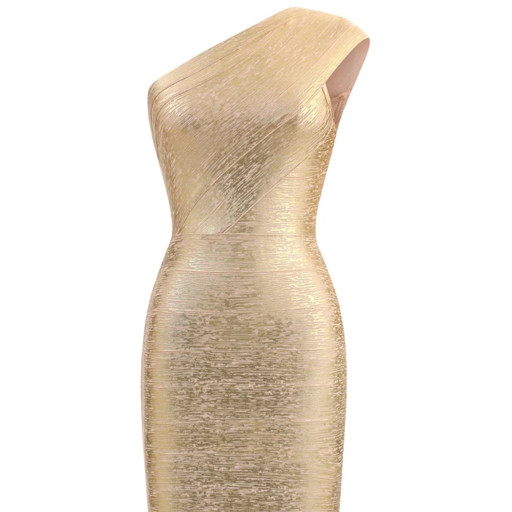 One-Shoulder Metallic Gold Midi Dress